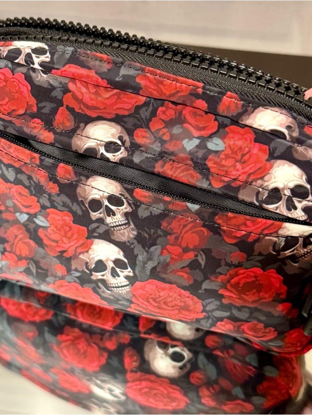 Iris & Rainbow Carry All Wallet Skull & Red Rose Print Crossbody Bag